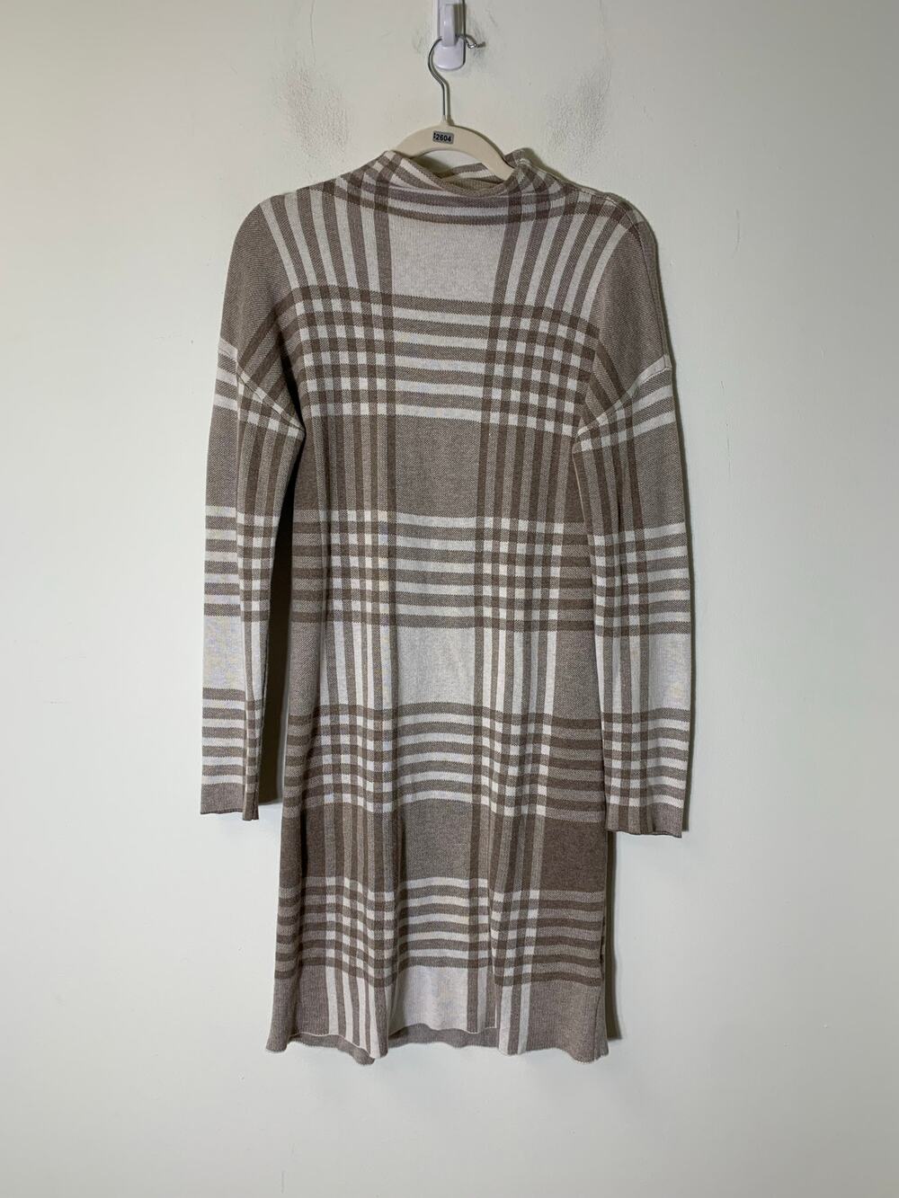 Max Studio Tan Off White Plaid Long Sleeve Knit Midi Sweater Dress Sz S